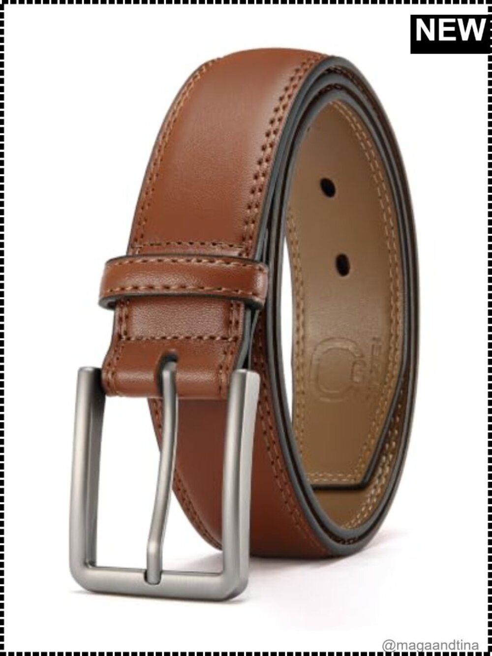 Men's Leather Dress Belt 1 3/8" Double-Stitched Business Casual